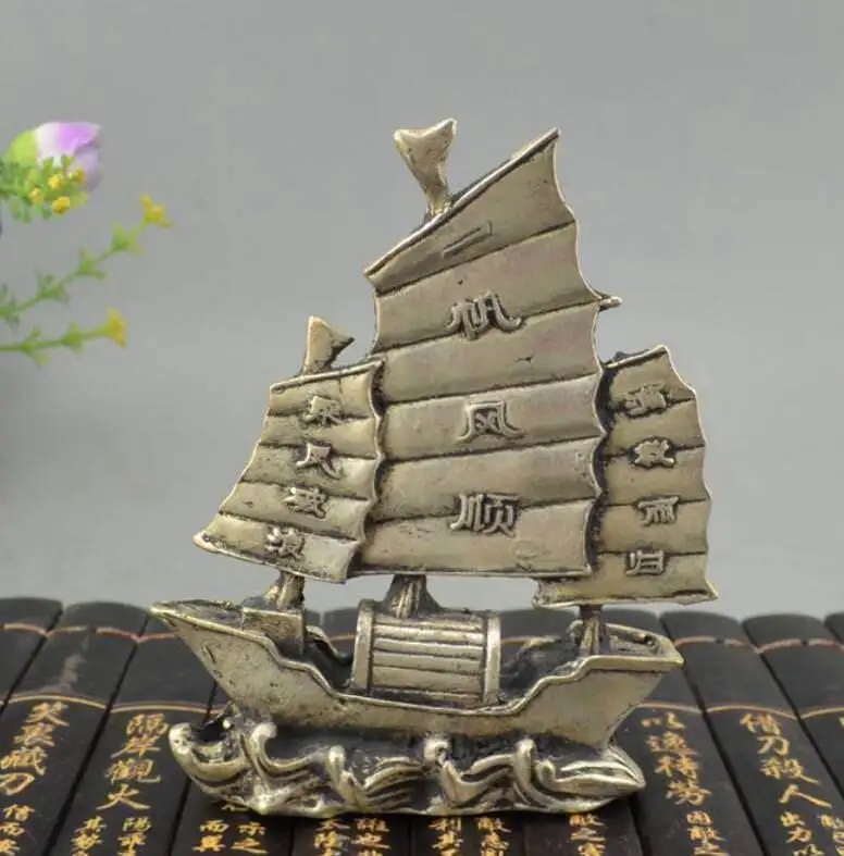 

China FengShui Silver Sculpture Dragon Boat yi fan feng shun Ship Lucky Statue
