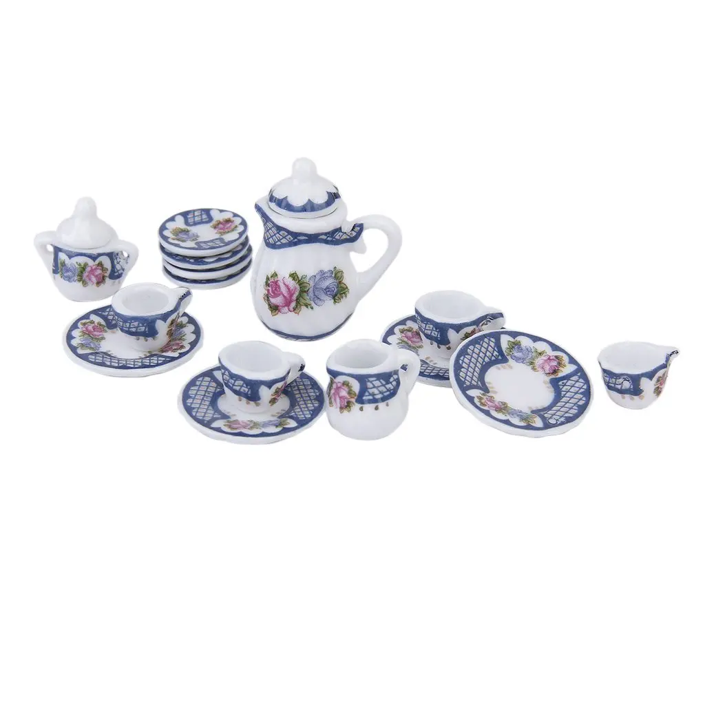 

15pcs Miniature British Style Porcelain Tea Set Dish/Cup/Plate---Blue for 1/12 Dollhouse