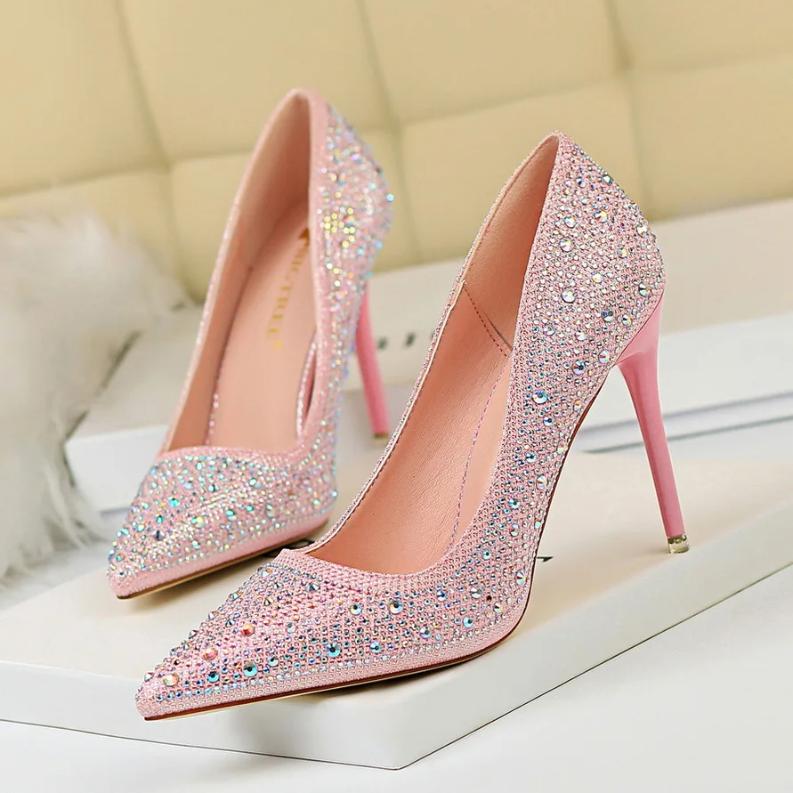 

Autumn High Heel Wedding Shoes Bling Crystal Pink Stiletto Heels Women Thin Pointed Fashion ladies Party Ladies Shoes 34