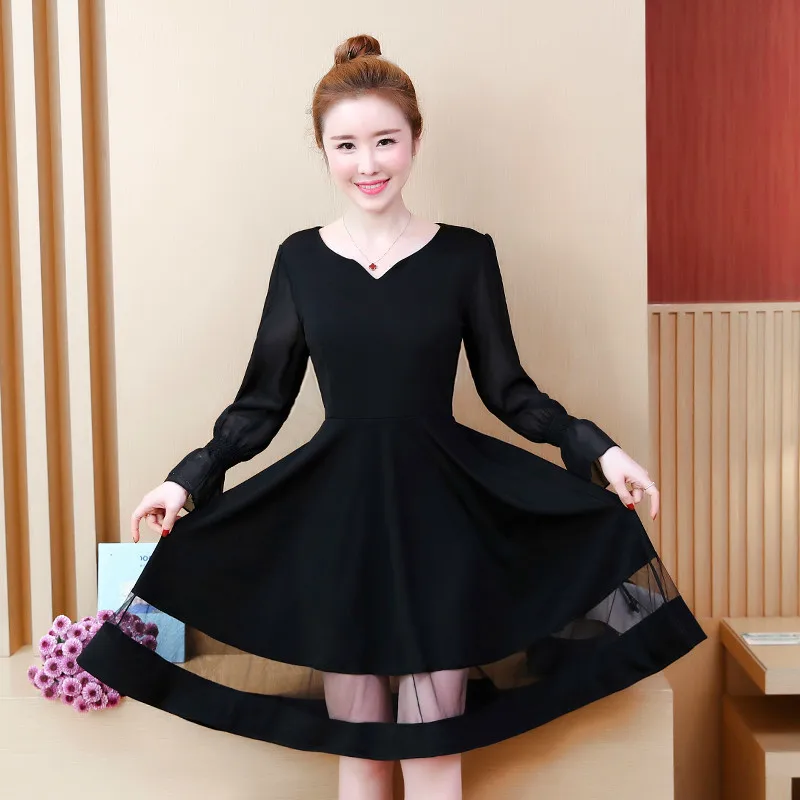 

Spring Vintage Black Chiffon Plus Size Party Dresses Elegant Women V-neck Long Sleeve Knee-Length Dress Vestidos