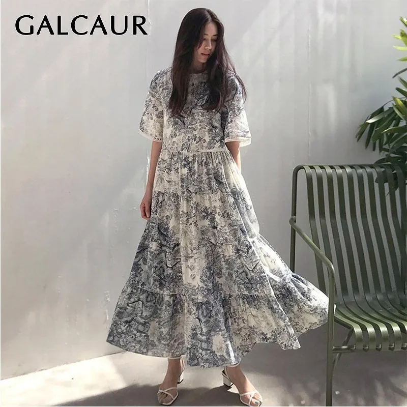 

GALCAUR Vintage Print Women Dress O Neck Short Sleeve High Waist Hollow Out Big Size Ankle Length Dresses Female Summer Fashion