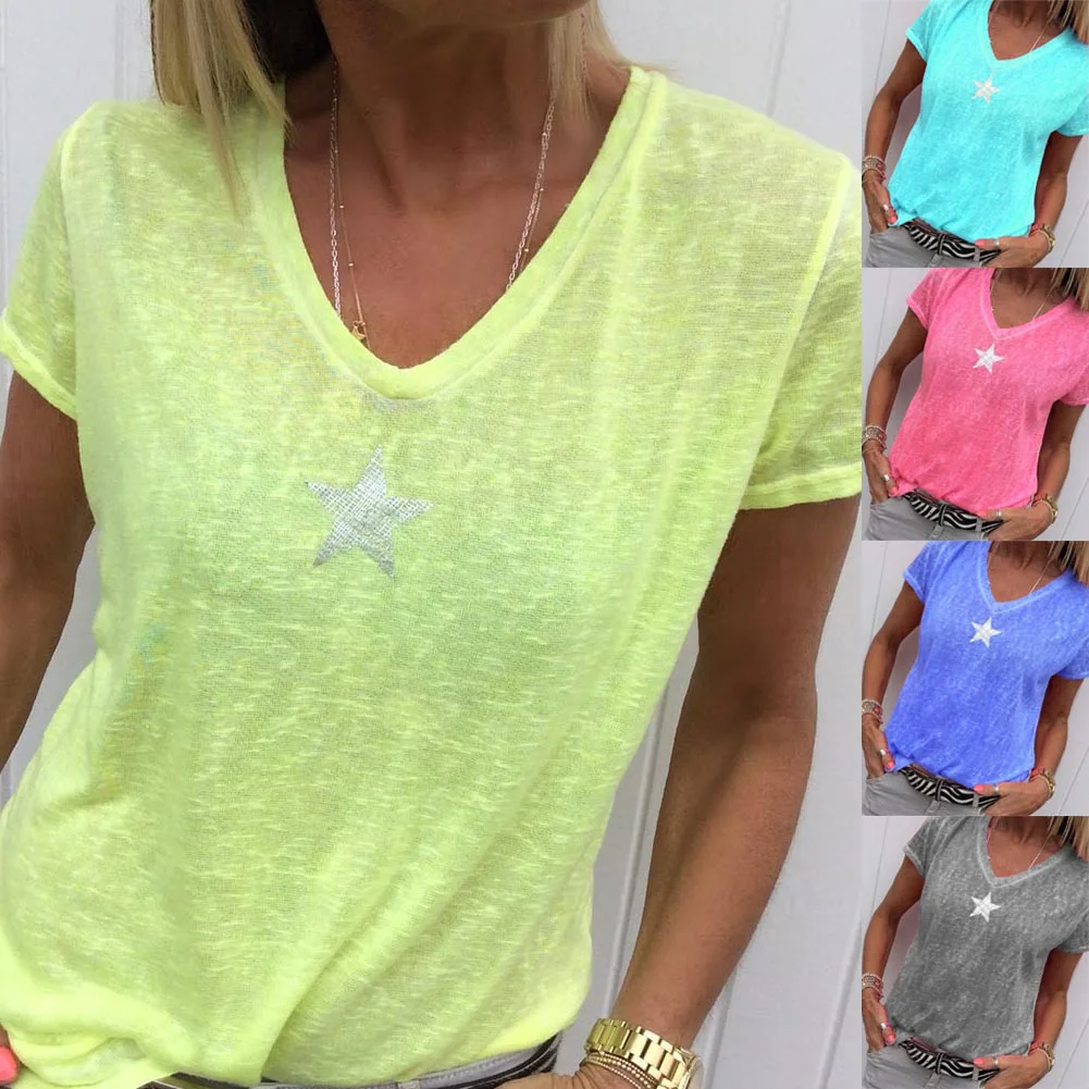 Women's Spring T-Shirt Summer Top V Neck Short Sleeve Loose Shirt Solid XXL Ladies Candy Color Loose Top Tees Top Women Clothing