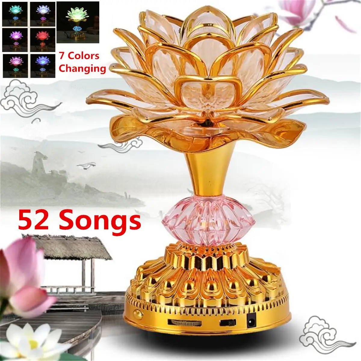 Prix 7 couleurs pour Lotus fleur lampe bouddhiste lampes de prière 52 chansons bouddhistes bouddha musique Machine LED à changement de couleur Temple lumière