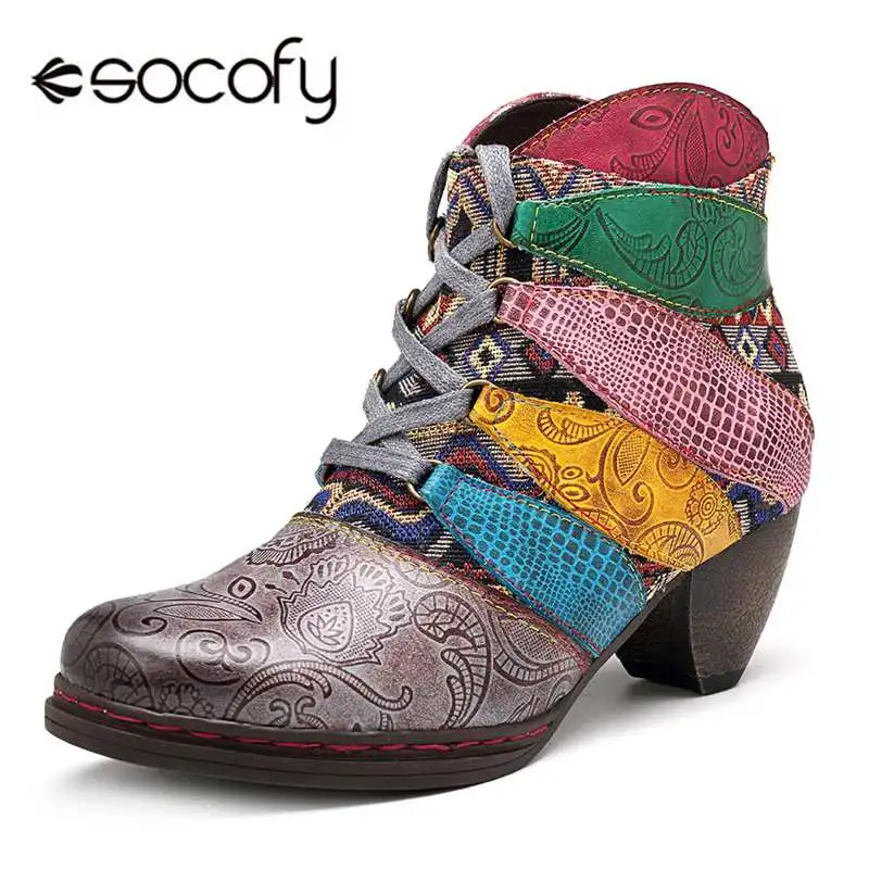 

Socofy Genuine Leather Winter Boots Women Shoes Woman Mixed Color Striped Retro Cowgirl Ankle Boots Botas Inverno Mulher Booties