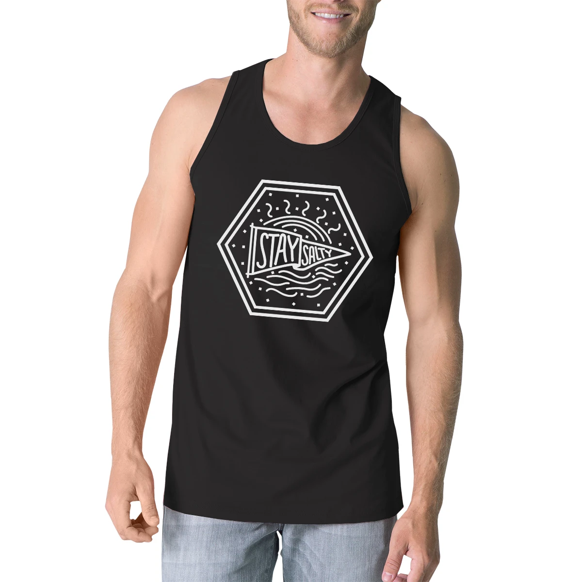 365 Printing Stay Salty Mens Black Graphic Tank Top Crewneck Line
