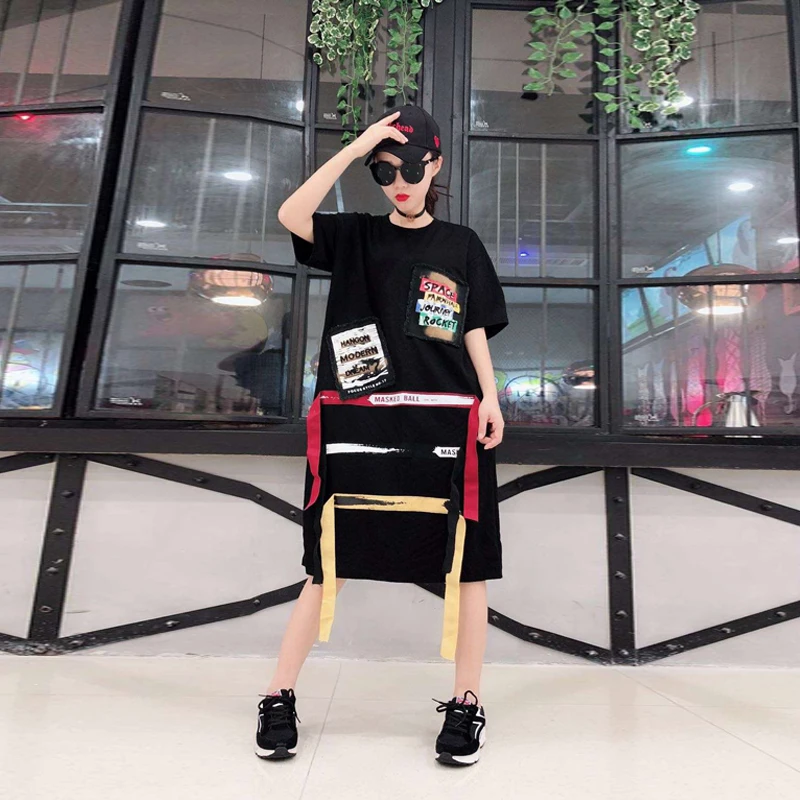 Kopen 4XL Plus Size Vrouwen Streetwear Jurk Zomer 2019 Mode Afdrukken Patch Patchwork Lint Korte Mouw Katoen Lange T shirt Jurken