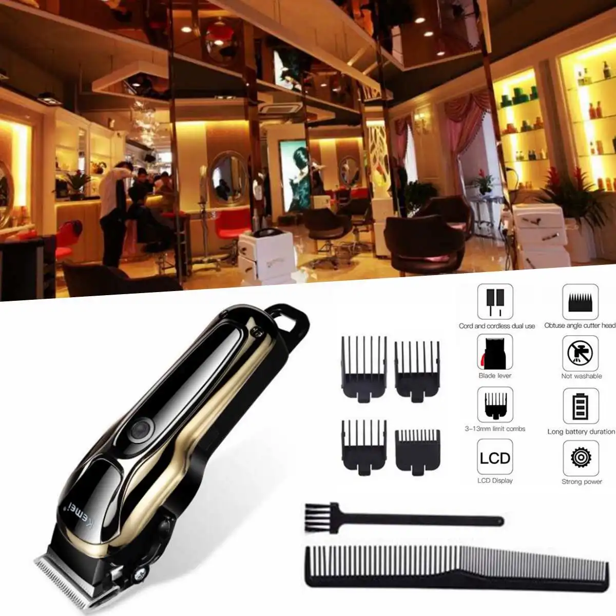 

Kemei KM-1990 100-240V 5W Fast Charge Hair Clipper Stainless Steel Blade Trimer Cutter Cordless Adjustable Guide Combs Quick Men