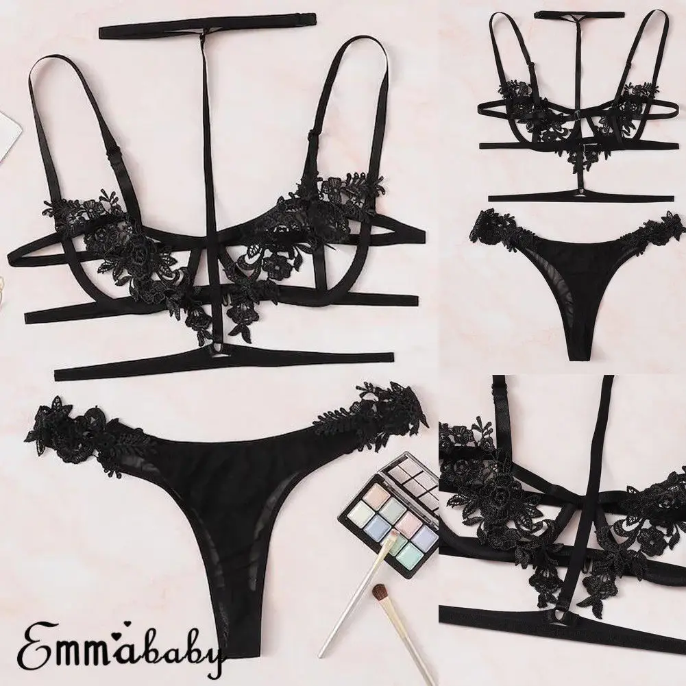 

Women Sexy Underwear Choker Bra Sexy Lingerie G-string Nightwear Lace Satin Set Valentine's Day Gift