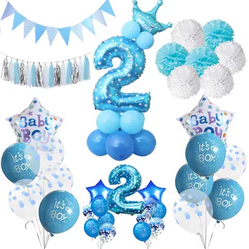 

ZLJQ Boy 2 Year Old Birthday Party Decor Foil Confetti Balloons Banner Party Decorations Kids 2nd Birthday Blue Boy Decorations