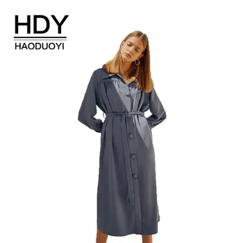 

HDY Haoduoyi New Women Dress Simplicity Elegant Pleated Belt Trim Long Sleeve Shirt