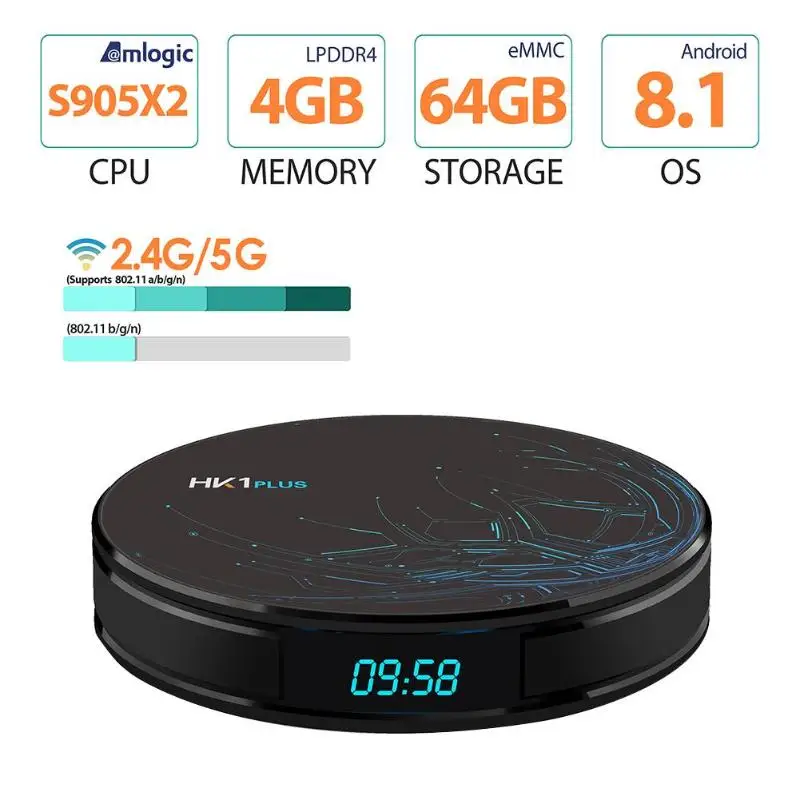 

HK1 Plus Android 8.1 TV Box 4G+64G S905X2 Quad Core WiFi BT 4.0 Set-top Box H.265 TV Set top Box Smart Media Player