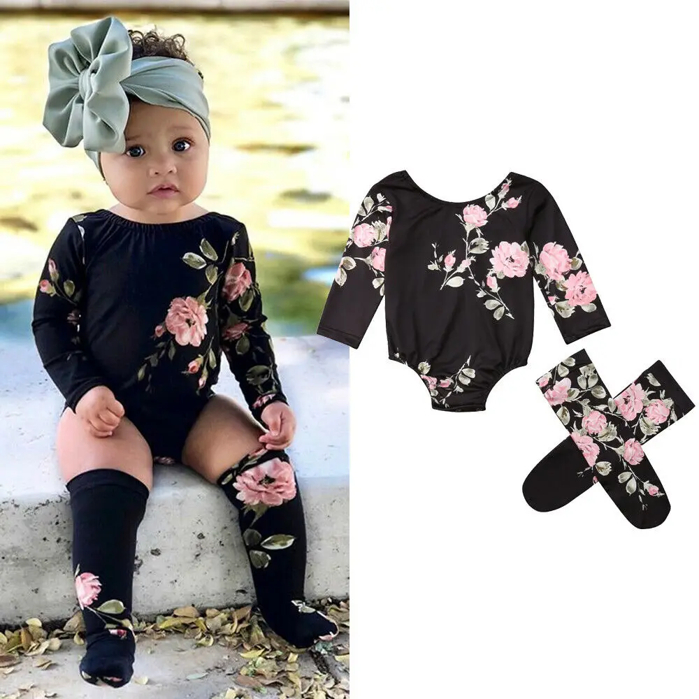 

2019 New Arrival Newborn Baby Girls Long Sleeve Clothes Floral Romper Jumpsuit+Stockings Outfits Set 0-18M
