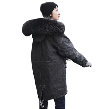 

Woman Winter Denim Trench Coat Black Thick Jean Windbreaker Raccoon Fur Collar Hooded harajuku Cotton Padded Outerwear PJ269