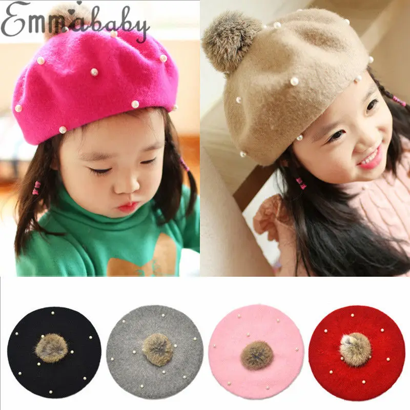 

Kids Child Baby Hat With Knit Fur Pompom Girls Pearl Braid Princess Solid Winter Warm Baby Cap Bobble Beanie