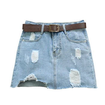 

Fashion High Waist Denim Skirt Blue Light Wash Women Minia-A-line Skirt Ladies Sexy Ripped Hole Summer Vintage Jeans Skirt