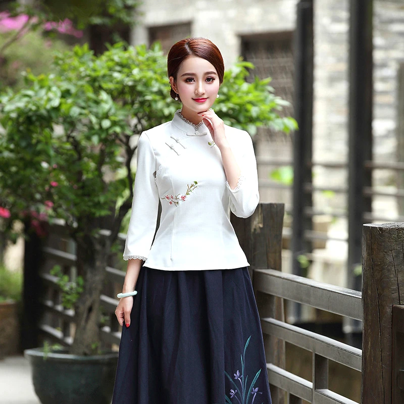 

SHENG COCO Embroidered Linen Shirts Flower Tops Seven Part Sleeve Women Chinese Embroidered Lace Sleeve Qipao Tops White Plus XL