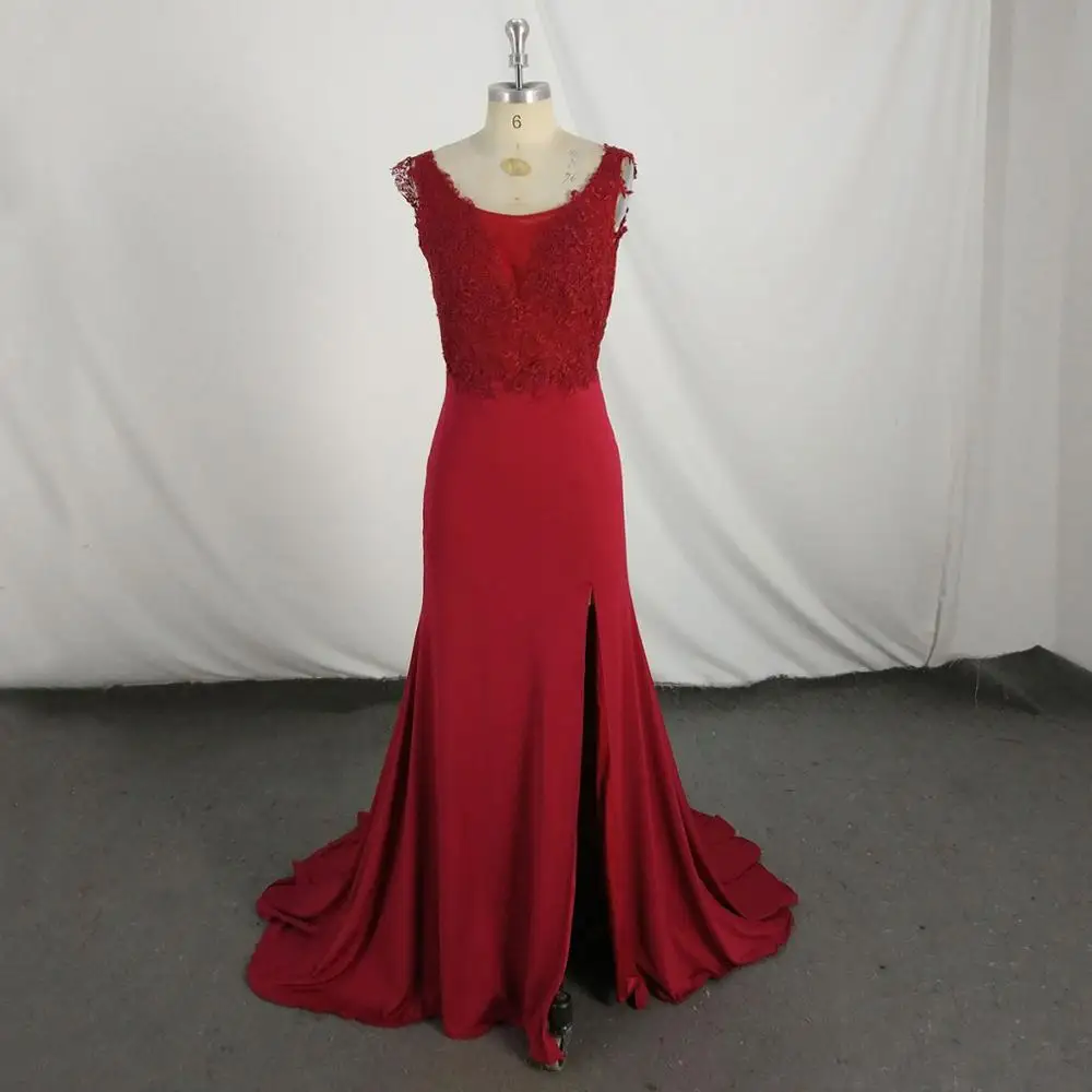 Floor Length Cap Sleeves High Slit Red Evening Gowns Robe 2019 Soiree