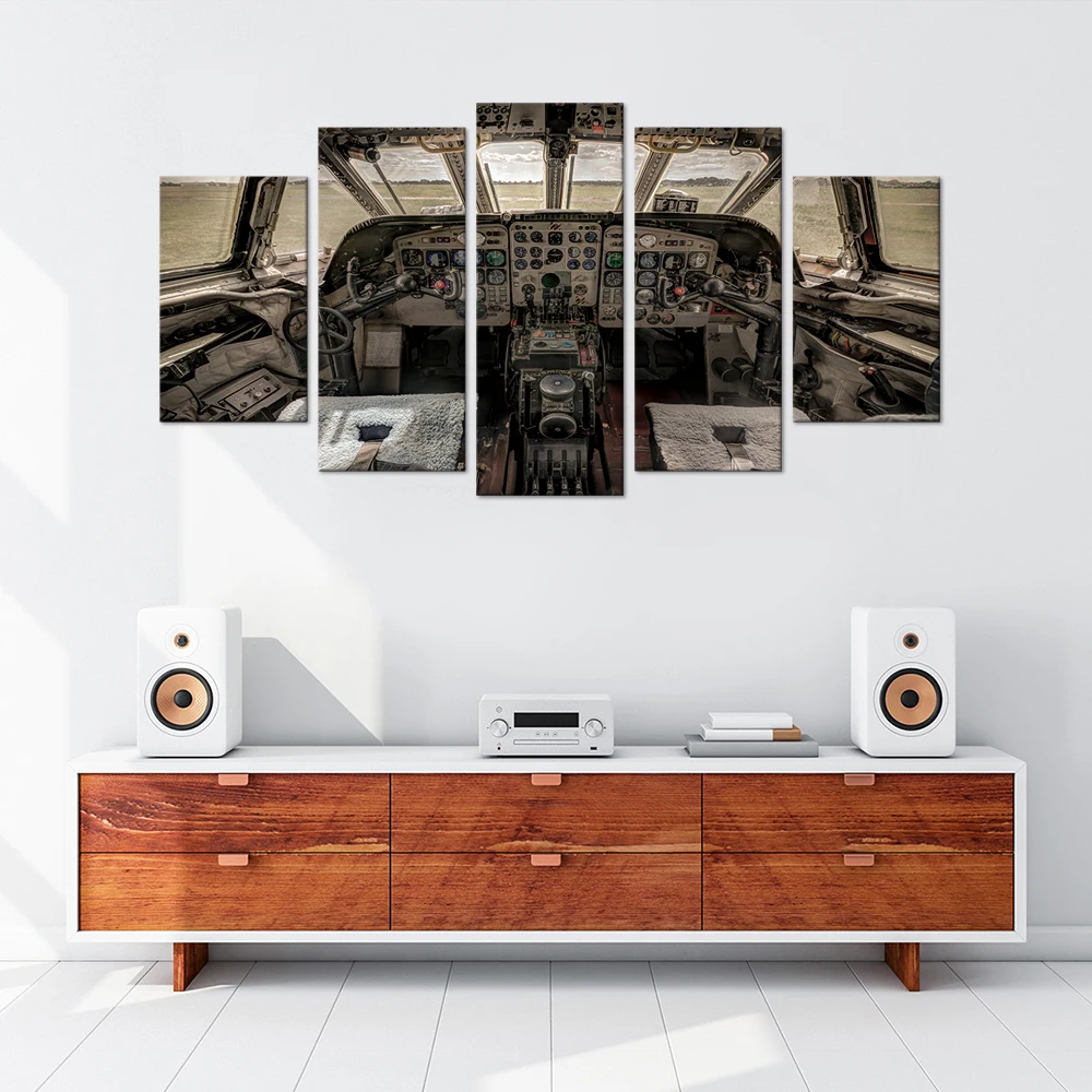 

Wall Art Airplane Cockpit Old Picture Digital Painting Home Decor 5 Pieces Aircraft Control Board Canvas Prints