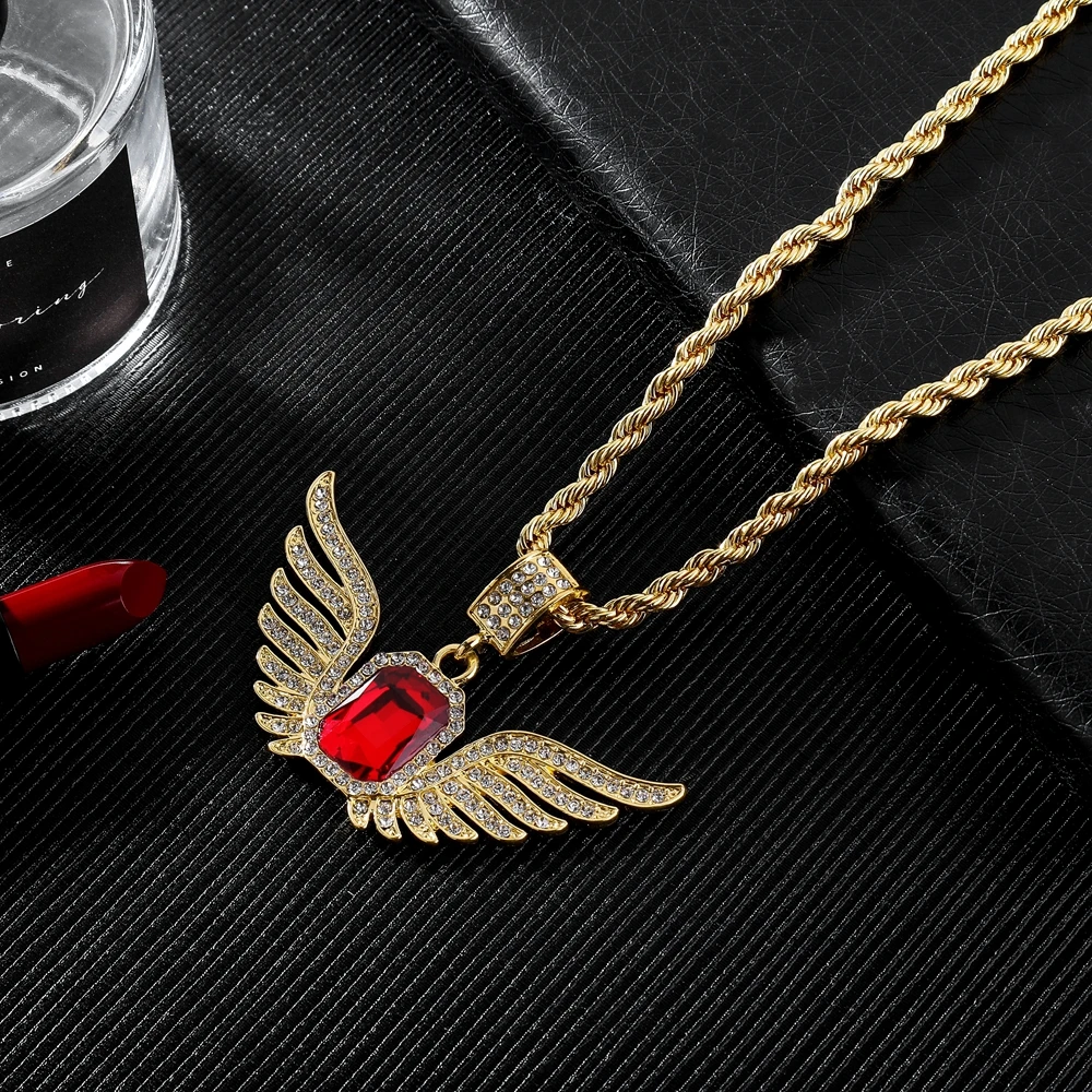 Ожерелье-цепочка унисекс в стиле хип-хоп, стразы, ожерелье с крыльями ангела, квадратная подвеска с красным кристаллом, ожерелье s для женщин и мужчин, ювелирные изделия