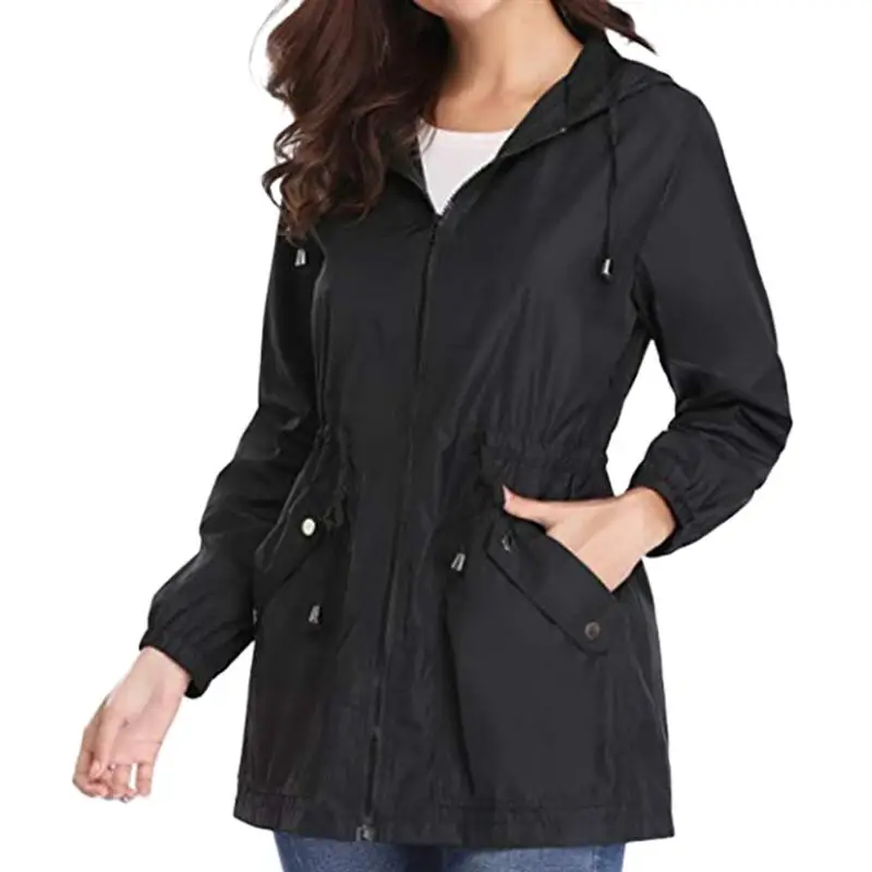 

1pc Women Black Jacket Spring Autumn Pocket Waterproof Long Sleeve Casual Coats Outwear for Girls Women Female Hiking Outdoor
