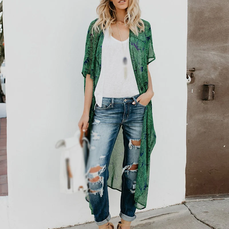 

Women's Summer Blouse Tops Cardigan Loose Green Chiffon Shawl Beach Holiday Kimono Cardigan New 2019 Fashion High Quality Tops