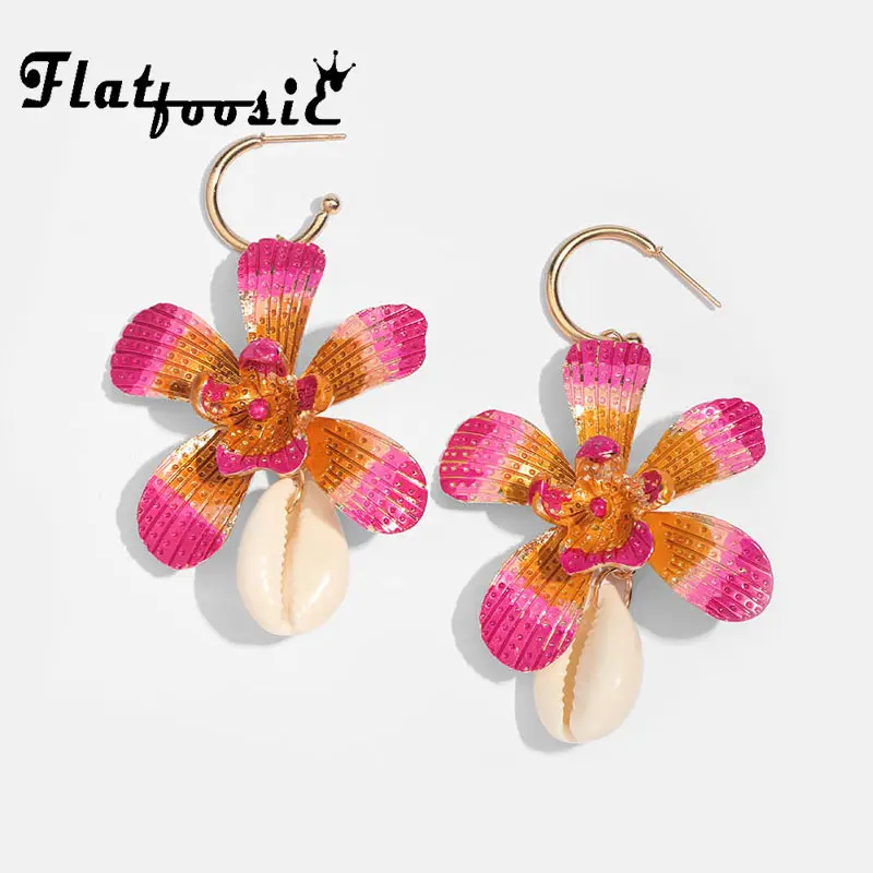 

Flatfoosie ZA Flower Colorful Metal Drop Earrings For Women Shell Bohemian Wedding Statement Trendy Large Dangle Earring Jewelry