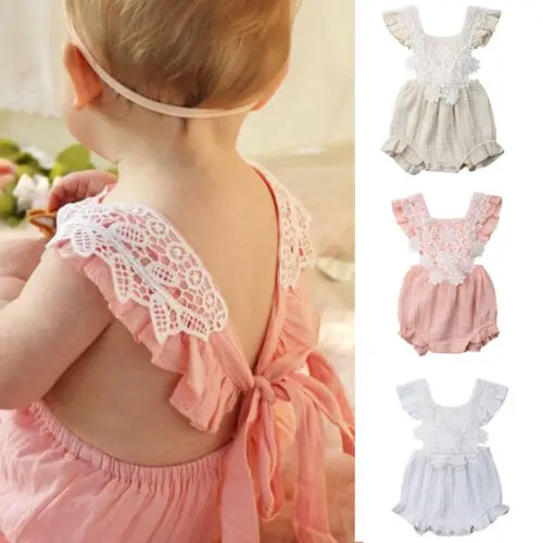 Кружевной комбинезон с цветочным принтом для новорожденных девочек, Летний комбинезон, одежда с открытой спиной, хлопковый комбинезон для детей от 0 до 18 месяцев