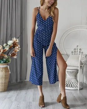 

2019 Summer Women Sexy Backless Sleeveless Wide Leg Jumpsuits Straight V-Neck Polka Dot Strap Split Long Rompers