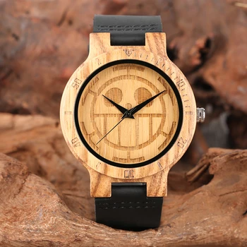

Business Wood Watch Black Leather Strap Wooden Watches One Piece Smiling Face Pattern Round Dial Wood Watch reloj de madera