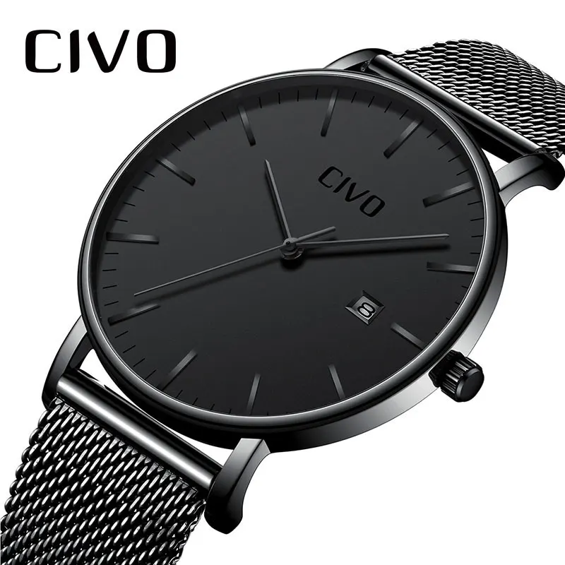 

CIVO Top Brand Simple Men Watches Waterproof Watch Ultra Thin Date Clock Black Steel Mesh Strap Businesss Casual Quartz Watch