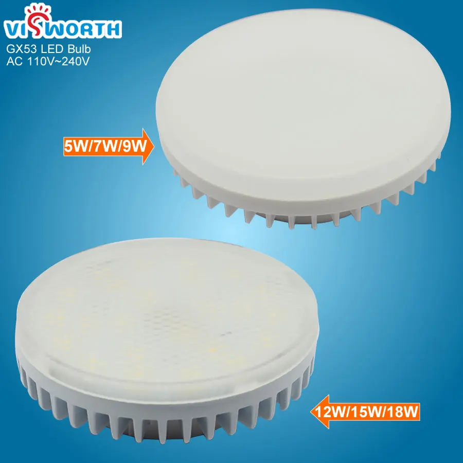 VisWorth GX53 светодиодный светильник SMD2835, 5 Вт, 7 Вт, 9 Вт, 12 Вт, 15 Вт, 18 Вт, лампада светодиодный шкаф СВЕТОДИОДНЫЙ лампы Точечный светильник переменного тока 110V220V Теплый Холодный белый светодиодный светильник