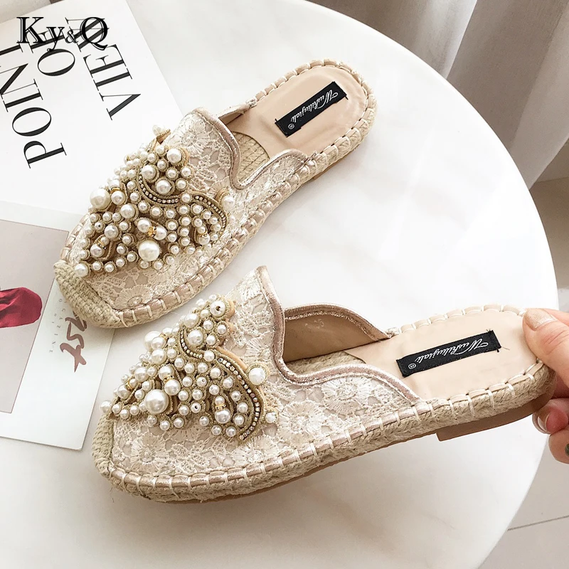 

2019 Spring New Ladies Baotou Comfortable Outside Wearing Pearl Rhinestone Round Head Casual Fisherman Flat Espadrilles Slippers