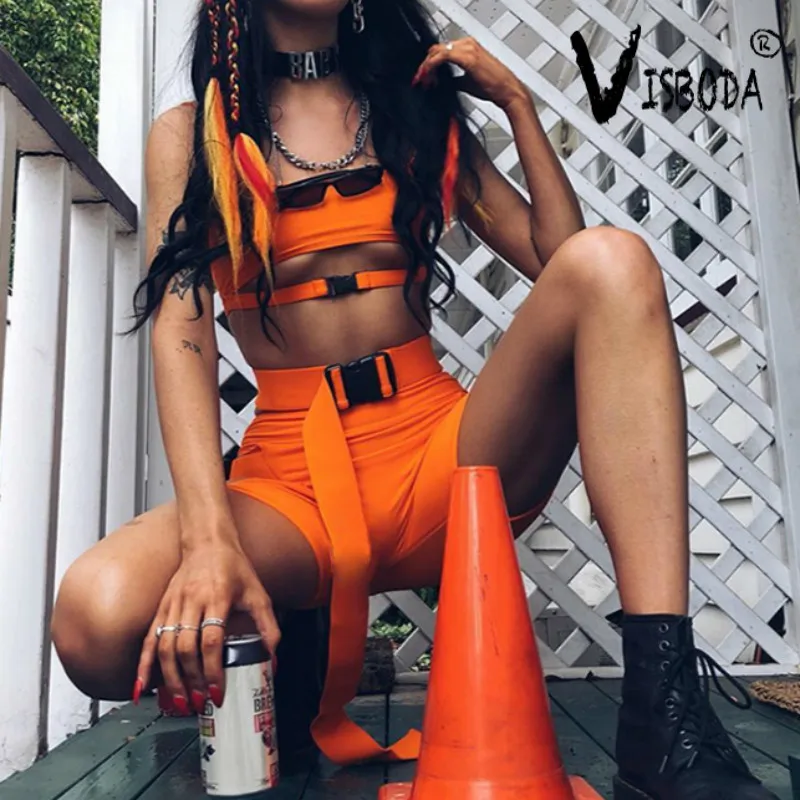 

Women 2 Pieces Sets Neon Orange Crop Top And Legging Pants Fashion 2019 Summer Female Black Tank Top And Shorts Bandage Sets