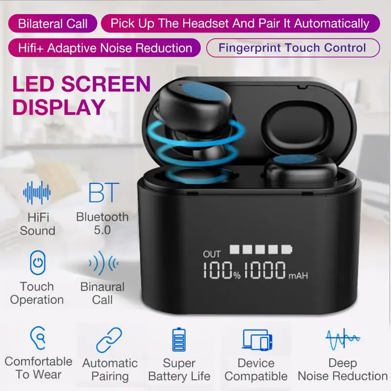 

Smart Screen Display TWS 5.0 Wireless Bluetooth Headset In-ear Intelligent Noise Reduction IP67 Waterproof Earphones