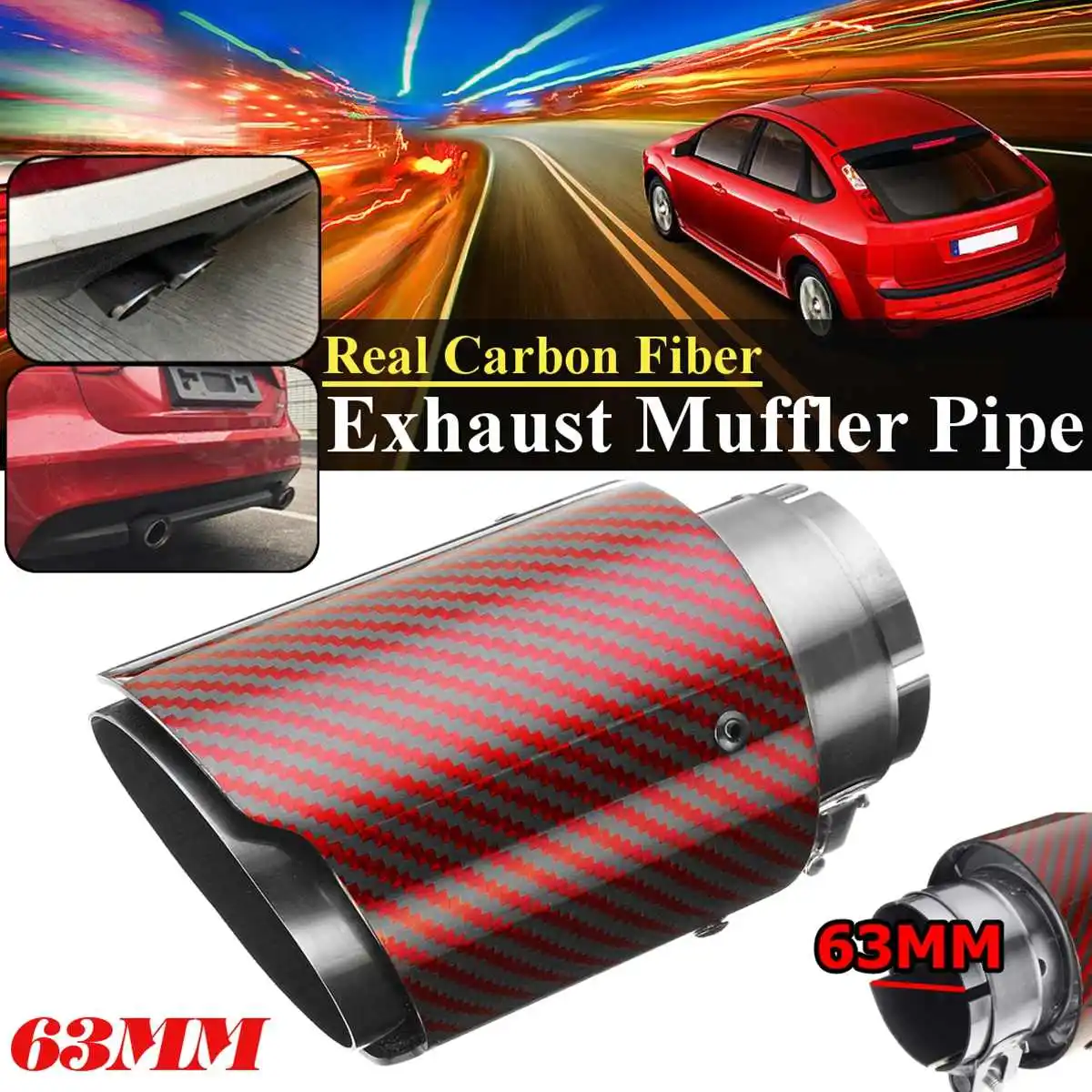 

Universal Real Glossy Carbon Fiber Red Exhaust Muffler Tip End Tail Pipe 63MM 2.5" Inlet 3.5" Outlet CW-EP001