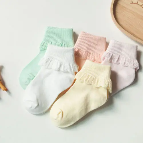 

5Pairs/Lot Toddler Muti Color Infant Baby Girl Ankle High Socks Kids Girls Ruffles Lace Cotton Non Skid Socks with Grip for 0-6Y