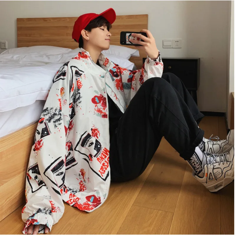 

Men's Jacket 2019 Spring New Print Long-sleeved Trend Lapel Casual Creative Floral Youth Personality Hip-hop Fashion Loose Wear