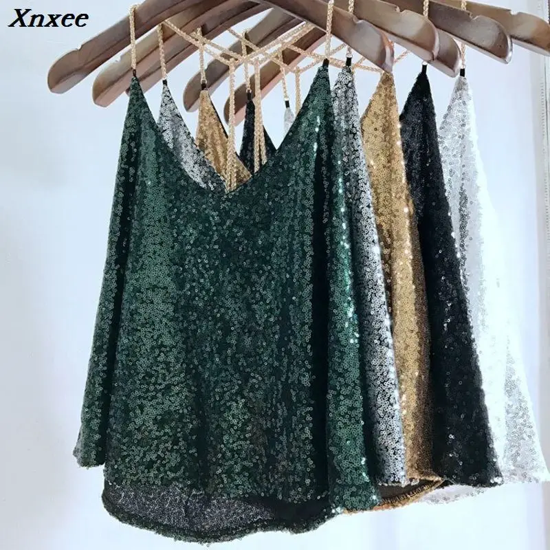 

Xnxee backless sequin glitter camisole femme clothes sexy tops for women clubwear womens summer clothing sleeveless halter top