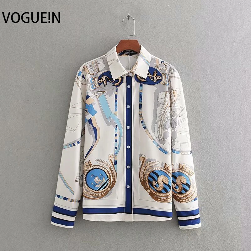 

New Womens Vintage Anchor Rope Print Long Sleeve White Top Shirt Blouse