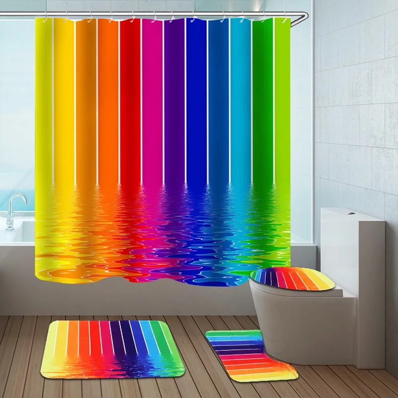 

4pcs Set 3size shower Curtain Polyester Waterproof Curtains Pedestal Rug Lid Toilet Seat Bath Cushion Mat Carpet for Bathroom