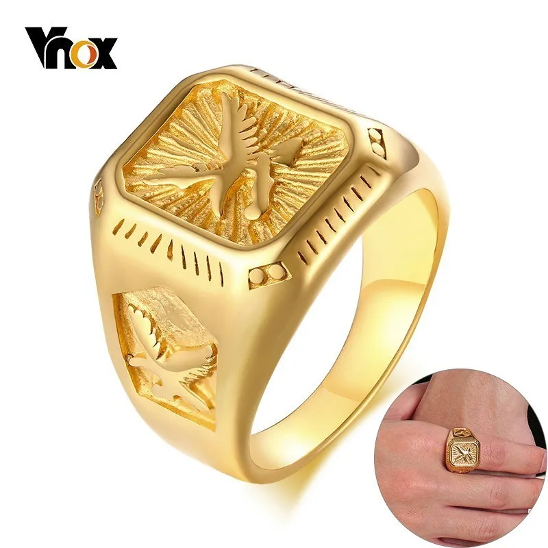 

Vnox Chunky Mens Eagle Ring Gold Tone Stainless Steel Square Top with Rays Signet Ring Heavy Animal Band
