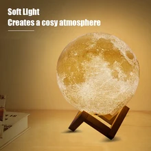3D печать Луны светильник прикасаясь к USB Перезаряжаемые светодиодный 2-Цвет затемнения светодиодный ночник Украшения в спальню с деревянная подставка