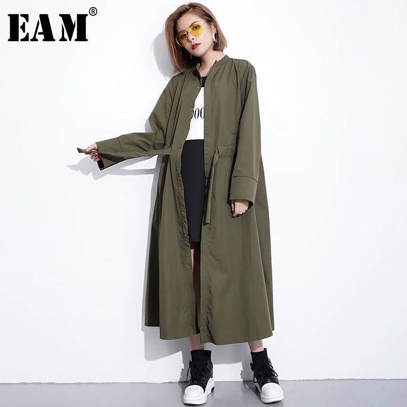 [EAM] новая весенняя свободная ветровка с завязками на талии и воротником-стойкой с длинным рукавом, модное женское пальто JH336