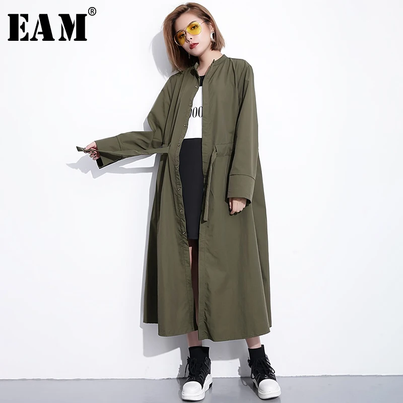 

[EAM]2020 New Spring Stand Collar Long Sleeve Brief Loose Long Waist Drawstring Windbreaker Women Coat Fashion Tide JH336