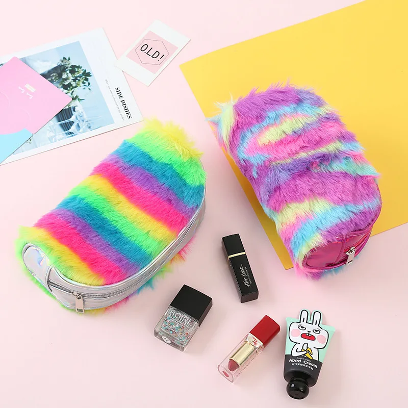 

2019 New Rainbow Hairy Hand Girl Gray Laser Makeup Pouch Cosmetic Toiletry Bag Fashion Female Color Matching Dinner Travel PU