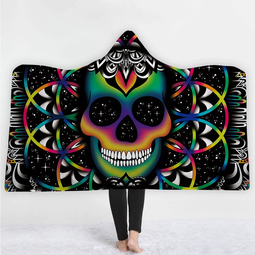 

Sugar Flower Skull Hooded Blanket Poncho Throw Wearable Fleece Soft Plush Manta For Adults Funny Large Warm Blankets