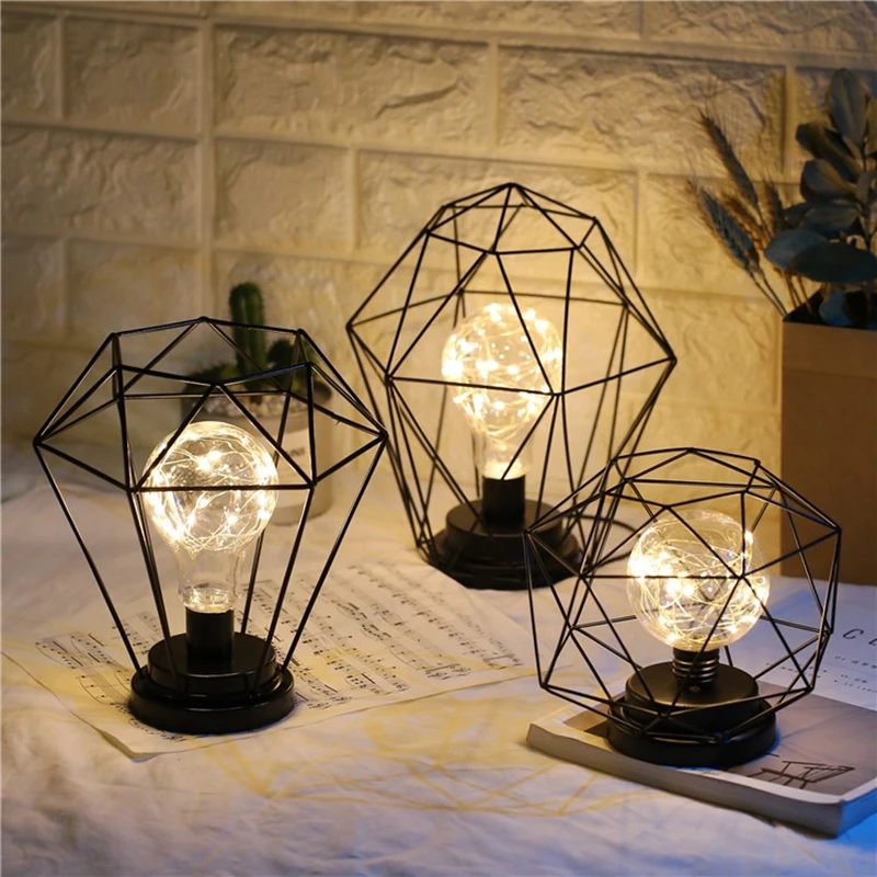

Iron LED Geometric Table Lamp Nordic Style Home Office Decor Pretty Ornament Multiple Iron Wire Made Battery Case Holiday Lamp