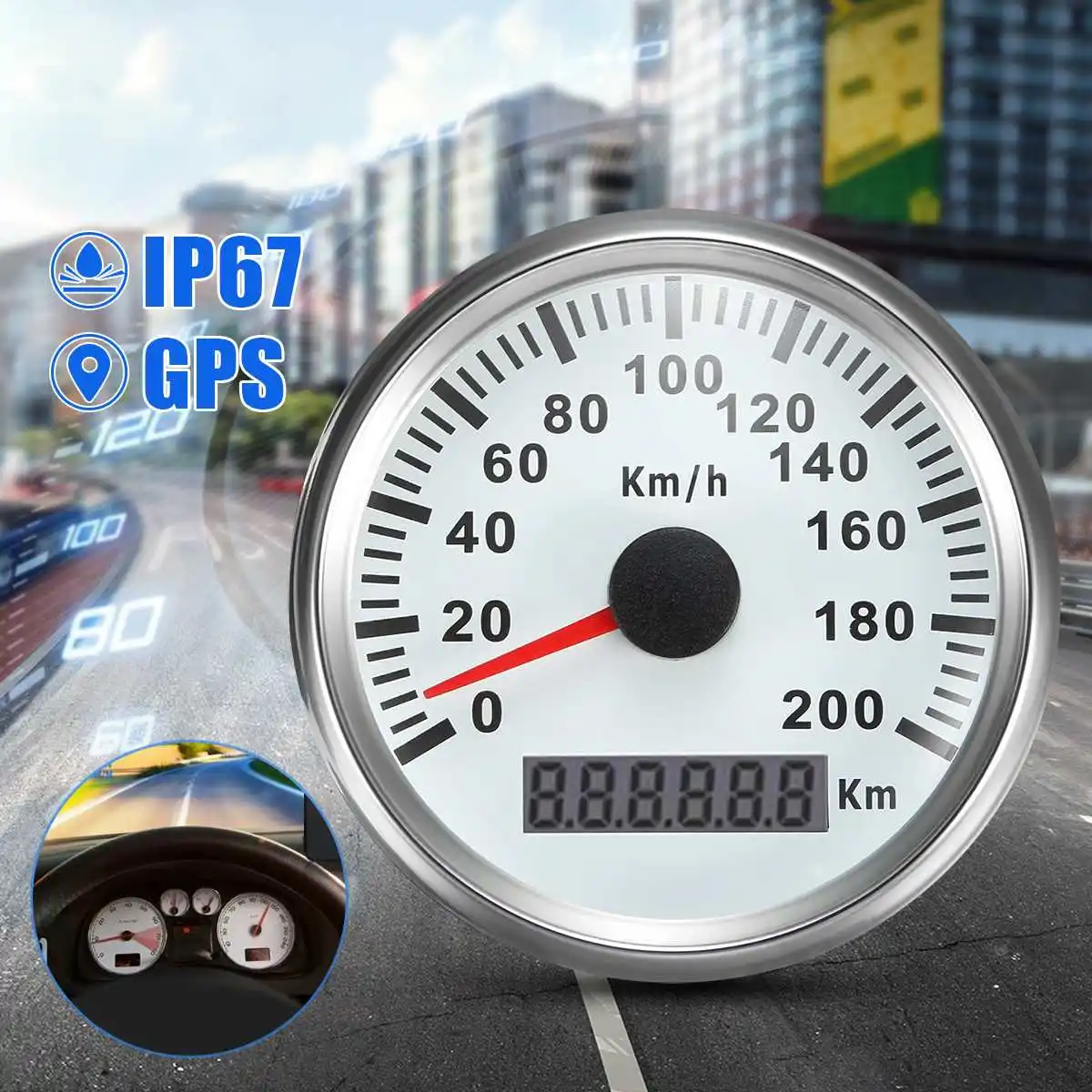 

3.34 Inch Auto Car GPS Speed Meter Stainless Waterproof White Digital Gauge 200km/h IP67