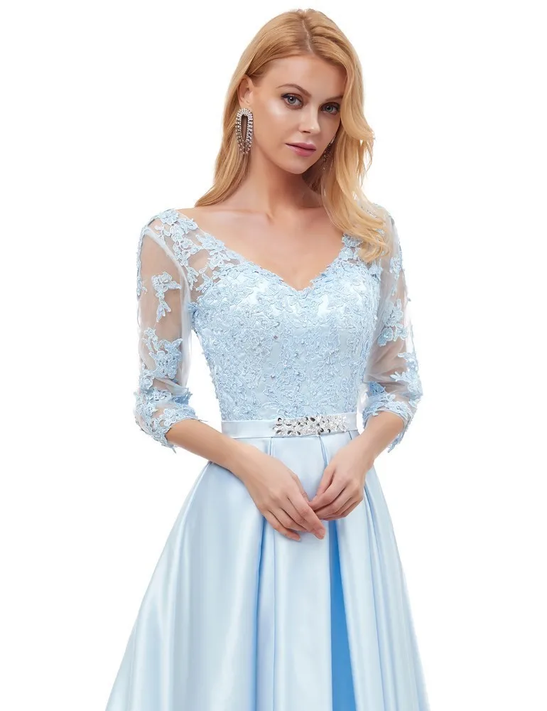 Женское вечернее платье Vivian's Bridal синее сатиновое с коротким рукавом и двойным