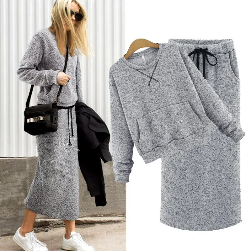 

Women Autumn Winter Dresses Suits Two Pieces Fleeces Ladies Dress Suits 2019 New Knitted Long Dress Suits Bandage Waist AS231